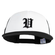 Old English Black V Patched Flat Bill Trucker Snapback Cap - White Black OSFM