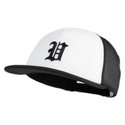 Old English Black V Patched Flat Bill Trucker Snapback Cap - White Black OSFM