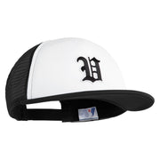 Old English Black V Patched Flat Bill Trucker Snapback Cap - White Black OSFM