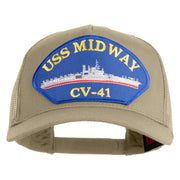 USS Midway CV 41 Blue Patched Solid Cotton Twill 5 panel Mesh Back Cap - Khaki OSFM