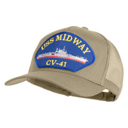 USS Midway CV 41 Blue Patched Solid Cotton Twill 5 panel Mesh Back Cap - Khaki OSFM