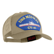 USS Midway CV 41 Blue Patched Solid Cotton Twill 5 panel Mesh Back Cap - Khaki OSFM