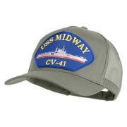 USS Midway CV 41 Blue Patched Solid Cotton Twill 5 panel Mesh Back Cap - Grey OSFM