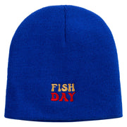 Fish All Day Embroidered 8 Inch Solid Knit Short Beanie Made in USA - Royal-Blue OSFM