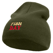 Fish All Day Embroidered 8 Inch Solid Knit Short Beanie Made in USA - Olive OSFM