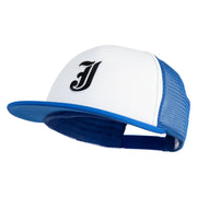 Old English Black J Patched Flat Bill Trucker Snapback Cap - White Royal OSFM