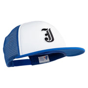 Old English Black J Patched Flat Bill Trucker Snapback Cap - White Royal OSFM