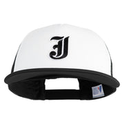 Old English Black J Patched Flat Bill Trucker Snapback Cap - White Black OSFM