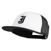 Old English Black J Patched Flat Bill Trucker Snapback Cap - White Black OSFM
