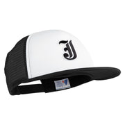 Old English Black J Patched Flat Bill Trucker Snapback Cap - White Black OSFM