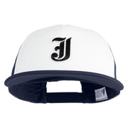 Old English Black J Patched Flat Bill Trucker Snapback Cap - White Navy OSFM