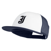 Old English Black J Patched Flat Bill Trucker Snapback Cap - White Navy OSFM