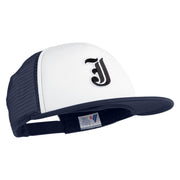 Old English Black J Patched Flat Bill Trucker Snapback Cap - White Navy OSFM