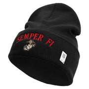 US Marine Semper Fidelis Logo Embroidered 12 Inch Solid Knit Cuff Long Beanie Made in USA - Black OSFM