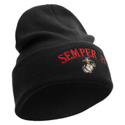 US Marine Semper Fidelis Logo Embroidered 12 Inch Solid Knit Cuff Long Beanie Made in USA - Black OSFM