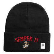 US Marine Semper Fidelis Logo Embroidered 12 Inch Solid Knit Cuff Long Beanie Made in USA - Black OSFM