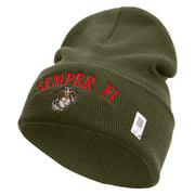 US Marine Semper Fidelis Logo Embroidered 12 Inch Solid Knit Cuff Long Beanie Made in USA - Olive OSFM