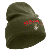 US Marine Semper Fidelis Logo Embroidered 12 Inch Solid Knit Cuff Long Beanie Made in USA - Olive OSFM