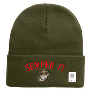 US Marine Semper Fidelis Logo Embroidered 12 Inch Solid Knit Cuff Long Beanie Made in USA - Olive OSFM
