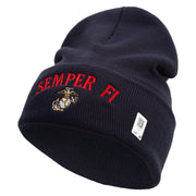 US Marine Semper Fidelis Logo Embroidered 12 Inch Solid Knit Cuff Long Beanie Made in USA - Navy OSFM