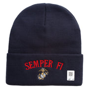 US Marine Semper Fidelis Logo Embroidered 12 Inch Solid Knit Cuff Long Beanie Made in USA - Navy OSFM