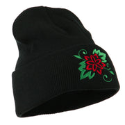 Christmas Poinsettia Flower Embroidered Long Beanie