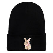 Bunny Easter Embroidered Iron On Patch 12 Inch Long Knitted Beanie - Black OSFM