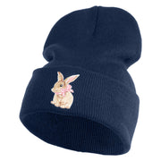 Bunny Easter Embroidered Iron On Patch 12 Inch Long Knitted Beanie - Navy OSFM