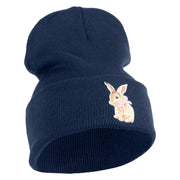 Bunny Easter Embroidered Iron On Patch 12 Inch Long Knitted Beanie - Navy OSFM