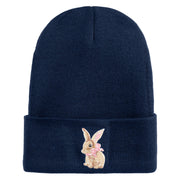 Bunny Easter Embroidered Iron On Patch 12 Inch Long Knitted Beanie - Navy OSFM