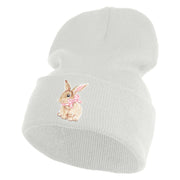 Bunny Easter Embroidered Iron On Patch 12 Inch Long Knitted Beanie - White OSFM