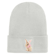 Bunny Easter Embroidered Iron On Patch 12 Inch Long Knitted Beanie - White OSFM
