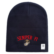 US Marine Semper Fidelis Symbol Embroidered 8 Inch Short Beanie Made in USA - Navy OSFM