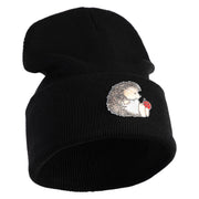 Cute Hedgehog with Ladybug Embroidered Iron On Patched 12 Inch Long Knitted Beanie - Black OSFM