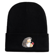 Cute Hedgehog with Ladybug Embroidered Iron On Patched 12 Inch Long Knitted Beanie - Black OSFM