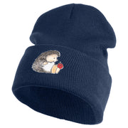Cute Hedgehog with Ladybug Embroidered Iron On Patched 12 Inch Long Knitted Beanie - Navy OSFM