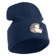 Cute Hedgehog with Ladybug Embroidered Iron On Patched 12 Inch Long Knitted Beanie - Navy OSFM