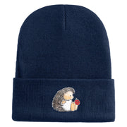 Cute Hedgehog with Ladybug Embroidered Iron On Patched 12 Inch Long Knitted Beanie - Navy OSFM
