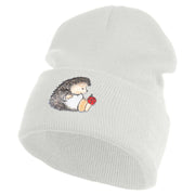 Cute Hedgehog with Ladybug Embroidered Iron On Patched 12 Inch Long Knitted Beanie - White OSFM