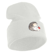 Cute Hedgehog with Ladybug Embroidered Iron On Patched 12 Inch Long Knitted Beanie - White OSFM