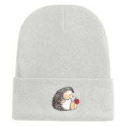 Cute Hedgehog with Ladybug Embroidered Iron On Patched 12 Inch Long Knitted Beanie - White OSFM