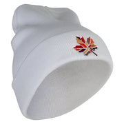 Colorful Fall Leaf Embroidered 12 Inch Long Knitted Beanie - White OSFM