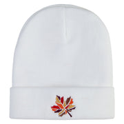 Colorful Fall Leaf Embroidered 12 Inch Long Knitted Beanie - White OSFM