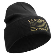 US Marine Veteran Flag Logo Embroidered 12 Inch Solid Knit Cuff Long Beanie Made in USA - Black OSFM