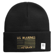 US Marine Veteran Flag Logo Embroidered 12 Inch Solid Knit Cuff Long Beanie Made in USA - Black OSFM