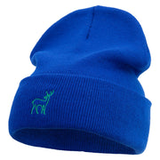 Made in USA Lineal Deer Embroidered 12 Inch Solid Knit Cuff Long Beanie - Royal-Blue OSFM