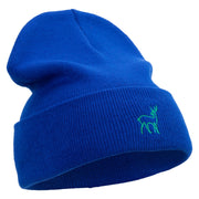 Made in USA Lineal Deer Embroidered 12 Inch Solid Knit Cuff Long Beanie - Royal-Blue OSFM