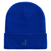 Made in USA Lineal Deer Embroidered 12 Inch Solid Knit Cuff Long Beanie - Royal-Blue OSFM