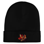 Colorful Fall Leaf Embroidered 12 Inch Long Knitted Beanie - Black OSFM