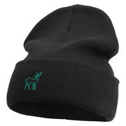 Made in USA Lineal Deer Embroidered 12 Inch Solid Knit Cuff Long Beanie - Black OSFM